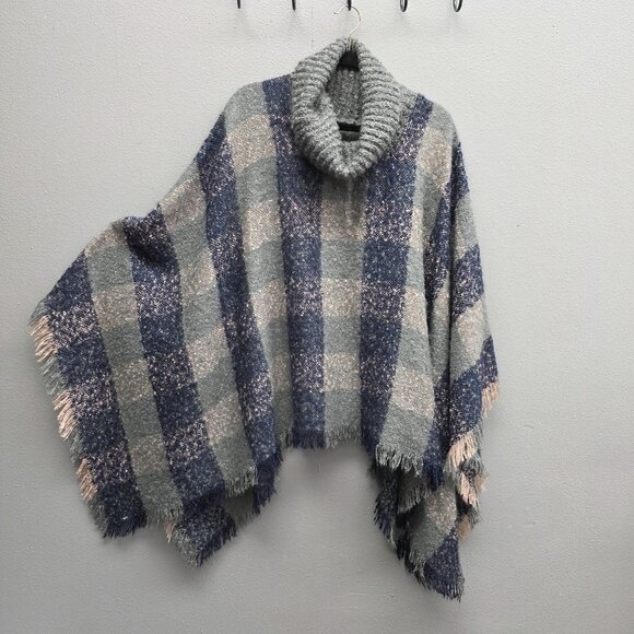 Plaid Cowl Neck Poncho Womens One Size Gray Blue Fringe Knit Shawl Cape Cozy - Picture 1 of 8
